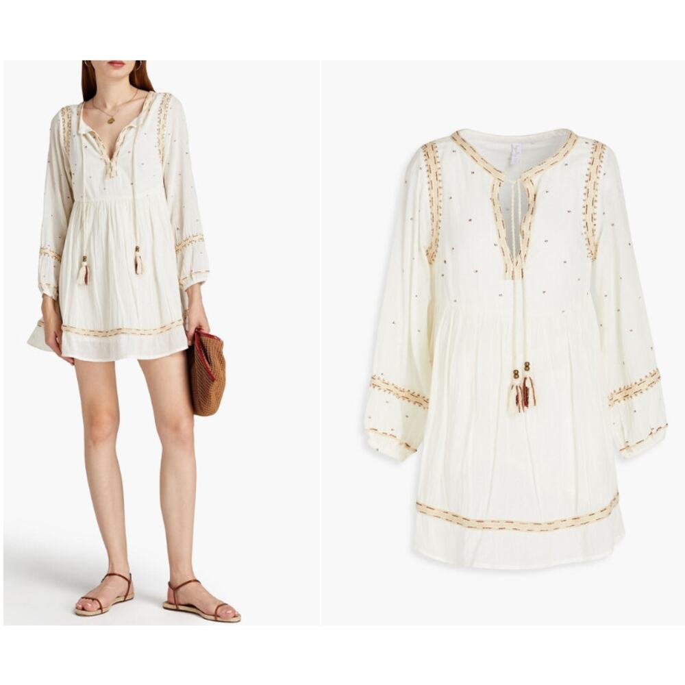 TIGERLILY Gathered Embroidered Cotton-gauze‎ Mini Dress Size 8